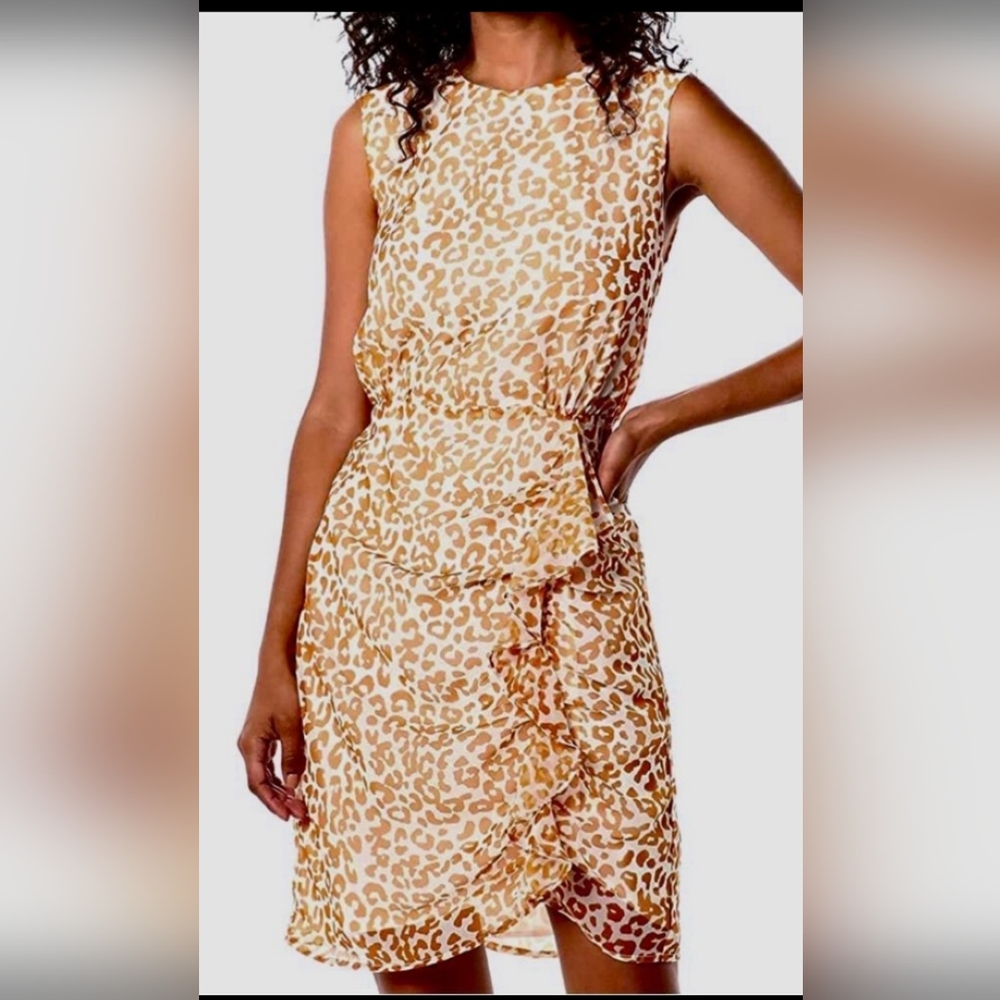 Sam Edelman Leopard Print Sleeveless Ruched Side Ruffle Dress Large 12/14 NEW